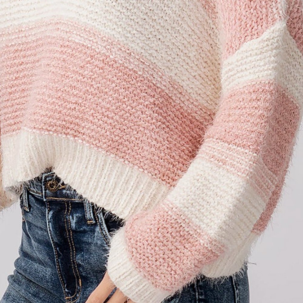 NEW Soft Fuzzy Eyelash Knit V Neck Stripe Cropped Knit Sweater - Picture 8 of 11
